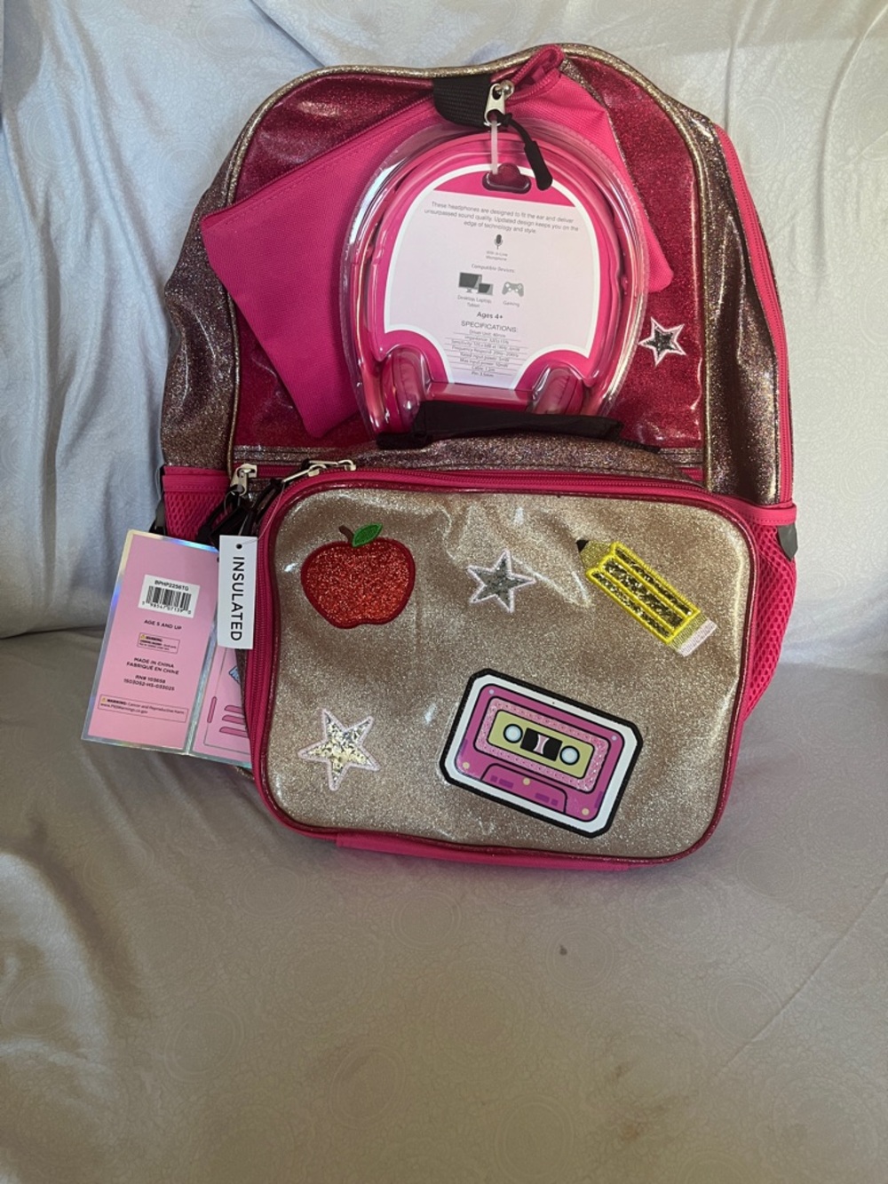 Locker Club Kids Glitter Pink Backpack with Headphones, Wristlet and Lunch Box